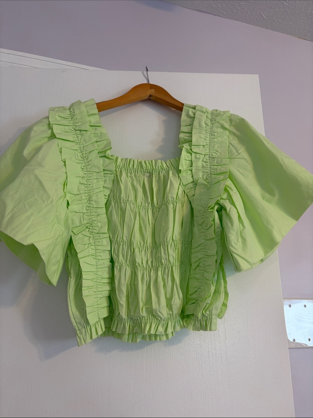 Zara Lime Green Ruffled Smocked Cropped Blouse - Picture 4 of 4